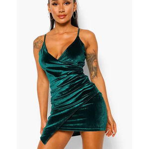 Boohoo Green Velvet Wrap Bodycon Dress US 6 NWT